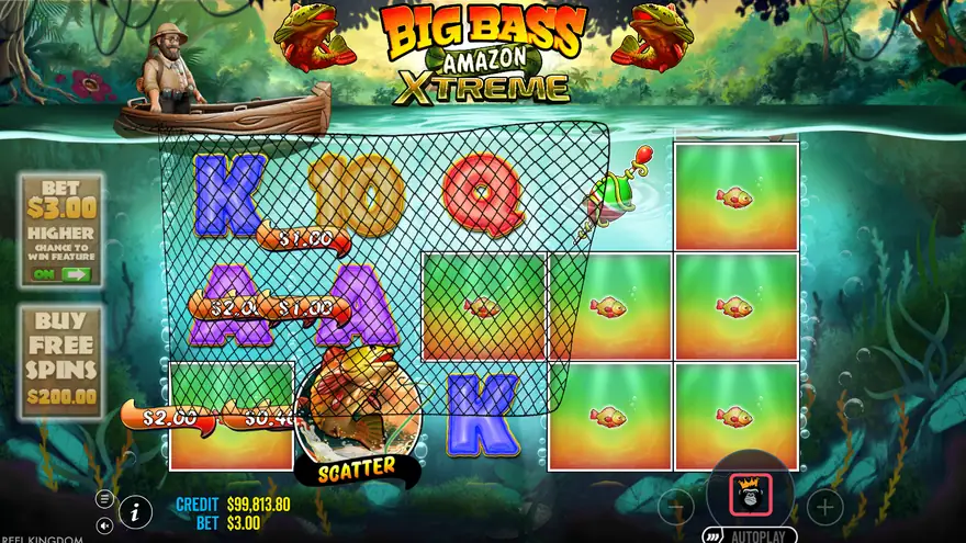 Big Bass Amazon Xtreme ante bet switched on beside the buy button during a base game spin