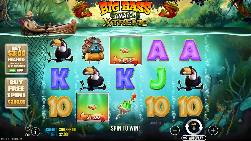 Big Bass Amazon Xtreme base game with toucans, card symbols and two Money Fish on the reels