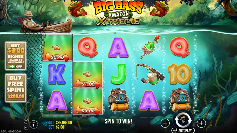 Big Bass Amazon Xtreme demo screen with the 5x3 reels and three Money Fish
