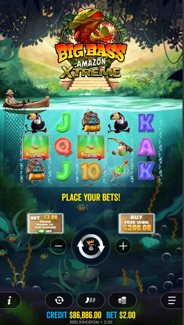 Big Bass Amazon Xtreme on a phone in portrait with the reels above the spin button