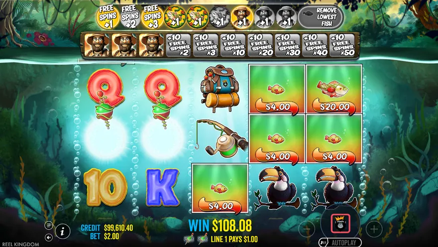 Big Bass Amazon Xtreme bonus round with the multiplier trail from x2 to x50 above the reels