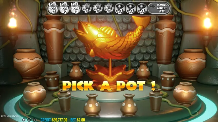 Big Bass Amazon Xtreme Pre-Bonus Pick Round with clay pots around a golden fish